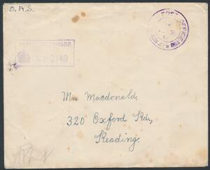 1941. Feltpostbrev til Reading med FPO 219. Rammestempel Passed by censor No. 2149