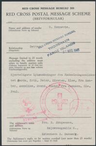 1943. Røde Kors formular fra Thorshavn 29.3.43 til familie i København, ankomst Dansk Røde Kors 27.5.43