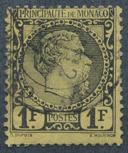 Monaco. 1885. Charles III, 1 fr. sortgullig. Stemplet