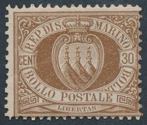 San Marino. 1877. 30 cents, brun. Ubrugt uden gummi. Sign. AFA 6500
