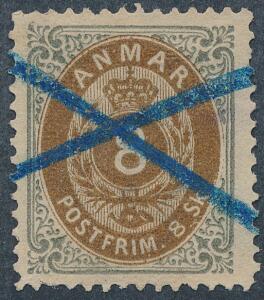 1870. 8 sk. gråbrun. Annulleret med BLÅKRIDT