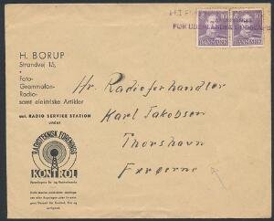 ca. 1945. Chr.X, 10 øre, vioelt. 2 stk. på brev til Thorshavn. Annulleret Aktieselskabet for udenlandsk Godsexpedition