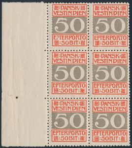 1905. Portomærke. 50 Bit, rødgrå, tk.14. Postfrisk 6-blok med marginalrand. AFA 3000. Attest Nielsen