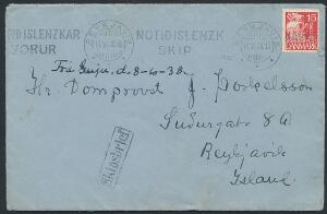 1937. SKIBS-brev til ISLAND, frankeret med dansk 15 øre, Karavel, rød, stemplet i REYKJAVIK 13.VI.38 smmt rammestempel Skibsbrief.