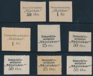 DAMPSKIBSSELSKABET SKELSKØR. 1885-1900. Planche med 8 mærker i forskellige værdiertyper, bl.a. 50 øre med indskriften SKJELSKÖR der ikke er registeret i Ha