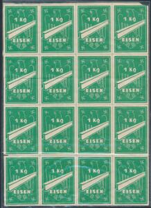 1940´erne. 2 .verdenskrig. 1 Kg. EISEN, grøn. Sjældent ark med 16 mærker.