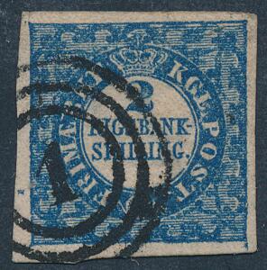 1852. 2 RBS Thiele, blå . Plade II, nr.19. Type 3. Pænt mærke, annulleret med nr.stempel 1. Lille indklip i nord, berører ikke mærkebilledet. Attest Grønlund.