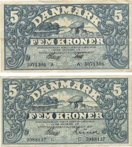 5 kr 1933 A, V. Lange  Friis, 5 kr 1935 C, V. Lange  Lund, Sieg 101