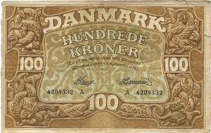 100 kr 1928 A, Nr. 4208332, V. Lange Hermann, Sieg 109, DOP 116, Pick 23, små revner langs kanterne