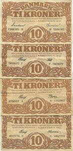 10 kr 1930 A, 1934 E, 1934 F, 1935 H, Sieg 104, i alt 4 stk.