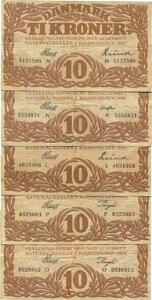 10 kr 1925 L, 1927 M, 1927 N, 1928 O, 1928 P, Sieg 103, DOP 114, Pick 21, i alt 5 stk.