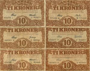 10 kr 1917 C, 1919 F, 1922 H, 1925 J, 1925 K, 1925 L, Sieg 103, DOP 114, Pick 21, i alt 6 stk.