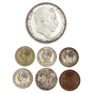 1 øre 1907, 10 øre 1907, 1910, 1912 2 stk., 25 øre 1907, Christian X, 2 kr 1916, H 8, 5, 4, 8, i alt 7 stk.