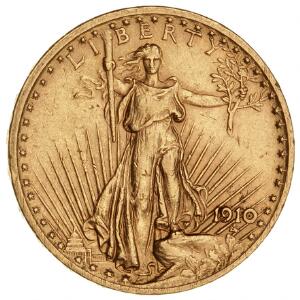 USA, 20 dollars 1910 Standing Liberty, F 185, ridset og med kanthak