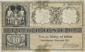 10 kr 1911 E, nr. 4865959, V. Lange  Hermann, Sieg 95, Pick 7, rifter ved lodret fold