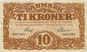 10 kr 1913, V. Lange  Petersen, nr. 0007205, Sieg 103, Pick 21, to store rifter i overkant