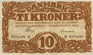 10 kr 1919 E, V. Lange  Hammerich, nr. 6275495, Sieg 103, Pick 21
