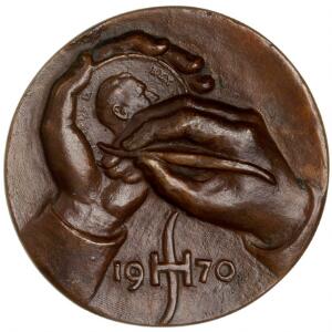 Medaille selvportræt af Harald Salomon i anledning af hans 70 års fødselsdag 1970, patineret bronze, 96 mm, 346 g, ER 152