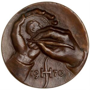 Medaille selvportræt af Harald Salomon i anledning af hans 70 års fødselsdag 1970, patineret bronze, 96 mm, 346 g, ER 152