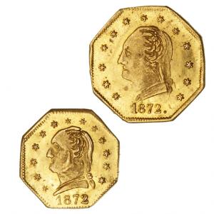 USA, California, 14 dollar 1872 Washington, 0,20 g, KM 3 samt California, 12 Gold Charm 1872 Washington, 0,35 g, 2 stk.