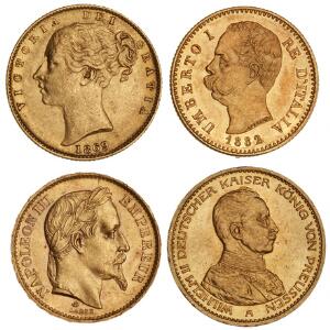 England, Sovereign 1869, F 387i, Frankrig, 20 Francs 1868A, F 584, Italien, 20 Lire 1882R, F 21 samt Tyskland, Preussen, 20 Mark 1913A, F 3831, i alt 4 stk.