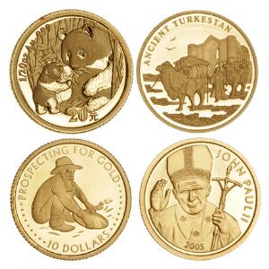 Lille lot bestående af 4 mønter i serien Verdens Mindste Guldmønter, i alt Au, 5,3 g 9991000