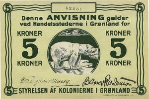 Grønland, Styrelsen af Kolonierne i Grønland, 5 kr u. år 1913, nr. 43131, Daugaard Jensen  Barner Rasmussen, Sieg 62, Pick 15a