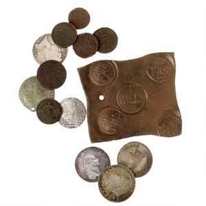 Lille samling sølv og kobbermønter fra bl.a. Schweiz, Østrig og Sverige, i alt 13 stk.
