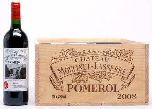 12 bts. Château Moulinet-Lasserre, Pomerol 2008 A hfin. Owc.