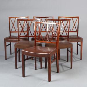 Ole Wanscher Seks stole af palisander betrukket i sæder med brunt skind. Udført for Illums Bolighus. 6