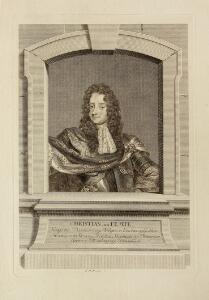 Christian V, 1670 - 1699, kobberstik udført af I. M. Preisler 1715-1794, 27 x 39 cm