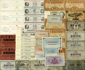 Samling af danske pengesedler, bl.a. 10 kr 1934 G, Sieg 104, Pick 26, enkelte militære sedler og Jutlandia sedler samt Handels Værdimærker fra Grønland