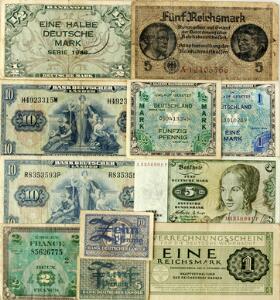 Tyskland, 10 mark 1949, Pick 16 2 stk., 12 mark 1948, Pick 1, 1 mark 1944, Pick 192, 12 mark 1944, Pick 191 etc., i alt 11 stk.