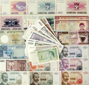 Bahrein, Bhutan, Bosnien-Herzegovina, lille lot forskellige sedler, efter ca. 1970, ca. 40 stk., flere bedre typer imellem