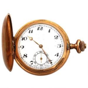 Lommeur af 14 kt. guld, hvid skive med arabertal og små sekunder, støvkapsel af metal. 1900-1920. Vægt ialt 76 gr. Kassediam. 50 mm.