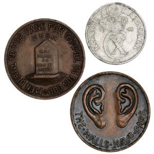 Propaganda medailler i bronze fra 2. verdenskrig 2 stk. samt 5 øre 1941 med indslået hammer og stjerne, i alt 3 stk.