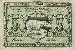 Grønland, Grønlands Styrelse, 5 kr 1945, nr. 112806, Sieg 64, Pick 15c, rev. plet