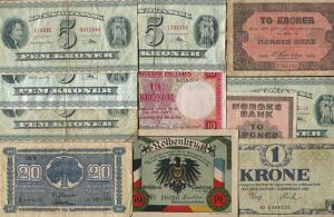 Samling sedler 12 stk. inkl. Danmark 5 kr 1955 - 1959 5 stk., Norge, 2 kr 1918 2, 1945, Island, 10 kr 1948 01 etc.
