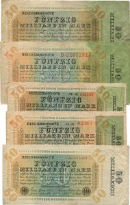 Tyskland, 50 milliarden mark 1923, Pick 119, 120, i alt 5 stk.
