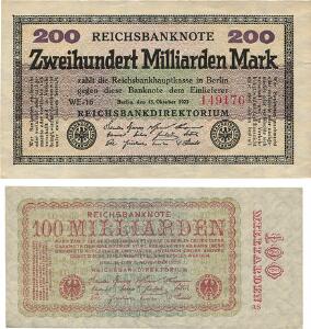 Tyskland, 200 milliarden mark 1923, Pick 121, 100 milliarden mark 1923, Pick 133, i alt 2 stk.