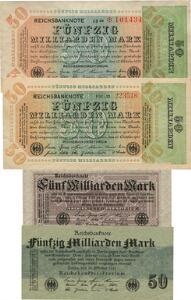 Tyskland, 50 milliarden mark 1923, Pick 120 2 stk., 5 milliarden mark 1923, Pick 123, 50 milliarden mark 1923, Pick 125, i alt 4 stk.