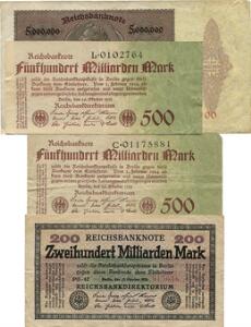 Tyskland, 5 milliarden mark 1923, Pick 90, 200 milliarden mark 1923, Pick 121, 500 milliarden mark 1923, Pick 127 2 stk., i alt 4 stk.