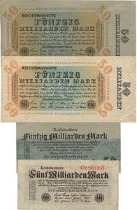 Tyskland, 50 milliarder mark 1923, Pick 119 2 stk., 5 milliarder mark 1923, Pick 123, 50 milliarder mark 1923, Pick 125, i alt 4 stk., pæne