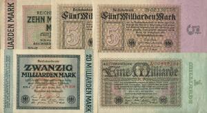 Tyskland, 1 milliard mark 1923, Pick 114, 5 milliarder mark 1923, Pick 115 2 stk., 10 milliarder mark 1923, Pick 117, 20 milliarder mark 1923, Pick 118,