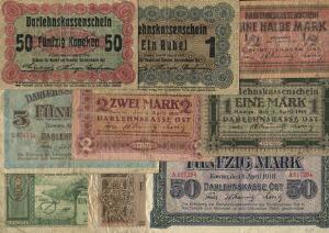 Tyskland, Posen, 50 kopek 1916, 1 rubel 1916, Pick R121,122. Kowno, 12, 1, 2, 5, 50, 100, 1000 mark 1918, Pick R127-130, 132-134, i alt 9 stk.