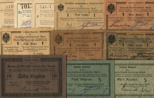 Tysk Østafrika, samling 11 stk. inkl. 1 rupie 1915, 1916 i alt 8 stk., 5 rupie 1915, Pick 31, 5 rupie 1915, Pick 34, 10 rupie 1915, Pick 38