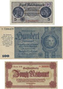 Tyskland, nødudgaver 1945, 100 Mark Sudeterland og Niederschlesien, 20 Reichsmark2. Schleswig-Holstein, 5 Reichsmark. 3