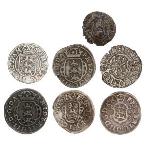 Frederik III, 1 skilling 1648, H 123, 2 skilling 1649, H 124, 2 skilling 1650, H 124, 2 skilling 1654, H 130B, 2 skilling 1663, H 132B, 2 skilling 1664, H 132C,