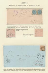1857-1930. ALLINGE. 3 udstillingsplancher med i alt 6 forsendelser til og fra Allinge incl. brev med 4 sk. grårød med nr.stempel 96