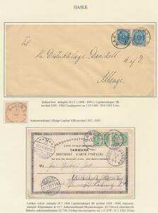 1888-1910. HASLE. 2 udstillingsplancher med 4 forsendelser fra Hasle Bornholm incl. postkort til SIAM
